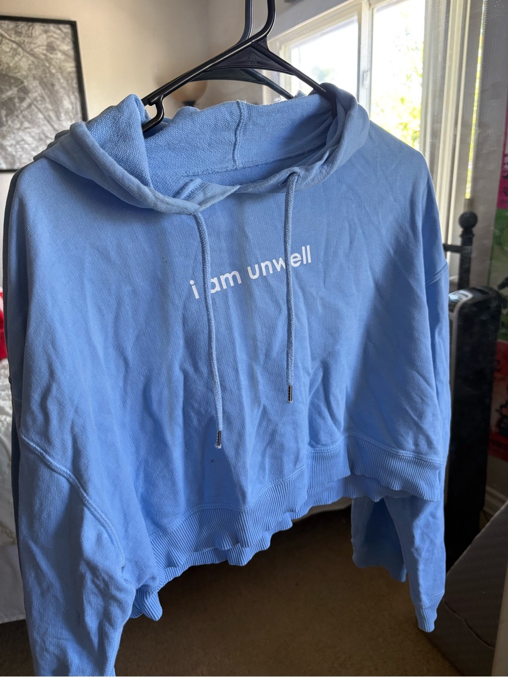 Cropped Light Blue Hoodie Sweatshirt - "i am unwell"